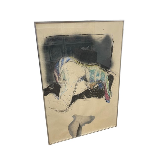 Large-scale vintage mixed media artwork on paper depicting an abstracted, kneeling human form rendered in expressive...