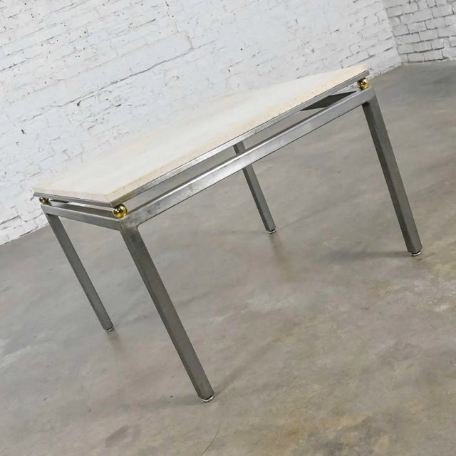 Metal Modern Custom Tube Steel End Table With Travertine Top & Brass Plate Sphere Details by Jensen Design Inc For Sale - Image 7 of 13