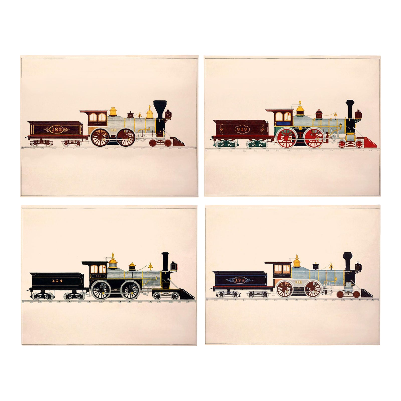 Halsey Reproduction Vintage Train Illustration Prints Set of 4 | Chairish