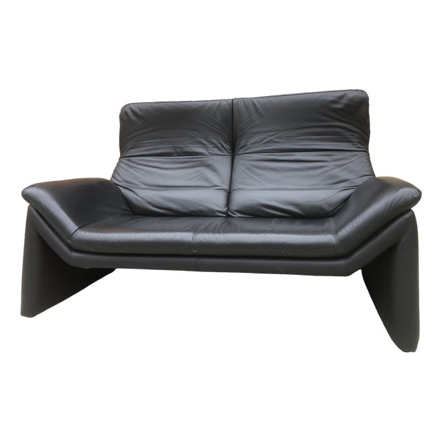 Two-Seater Sofa in Black Genuine Leather by Hans Kaufeld for de Sede, 1980s For Sale