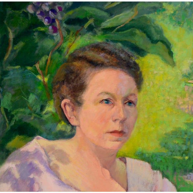 Beautiful impressionist mid-century portrait of a woman in a garden setting by Philadelphia artist Sol Jasner (American,...