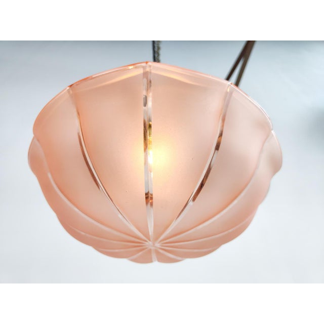 Etched and Pink Glass and Brass Pendant Light For Sale - Image 5 of 7