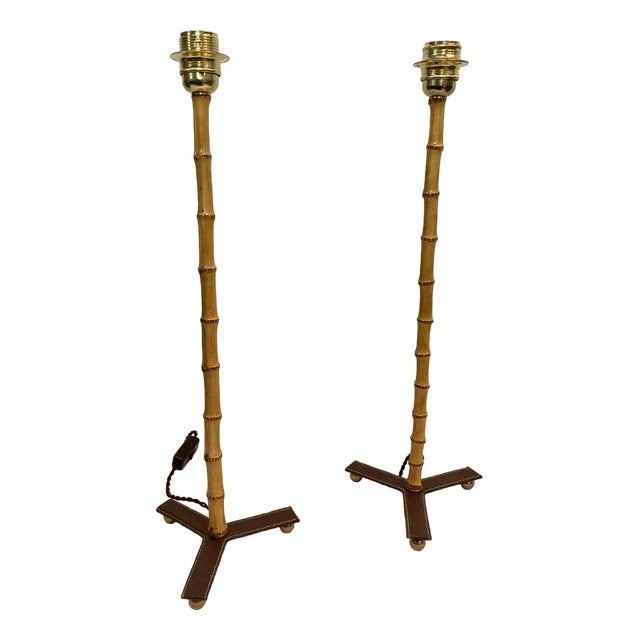Bamboo Lamps in Leather by Jacques Adnet, 1950s For Sale