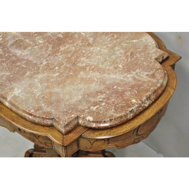 Brown Antique Eastlake Victorian Carved Walnut Marble Top Parlor Lamp Side Table For Sale - Image 8 of 14
