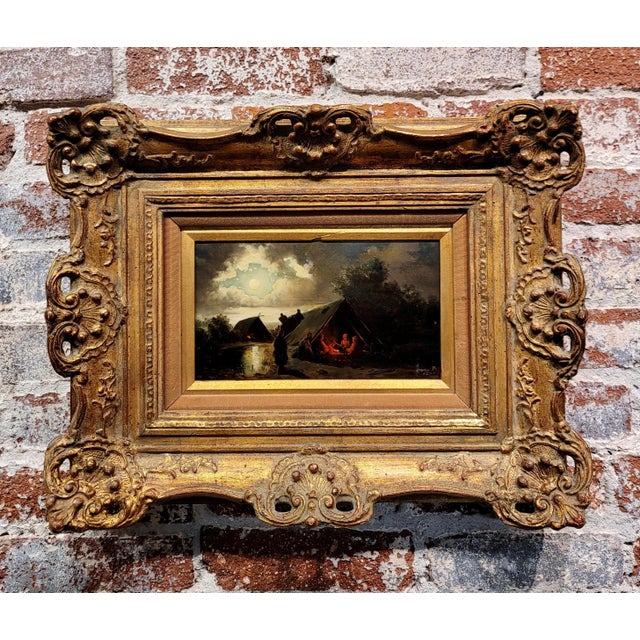 19th century Continental School -Under the Moon Nite Campfire-Oil painting Oil painting on panel - signed - circa 1870s...
