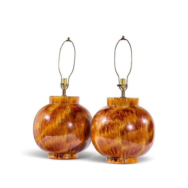 Mid-Century Modern Mid 20th Century Mid Century Modern Orange Drip Glaze Table Lamp - Pair For Sale - Image 3 of 7