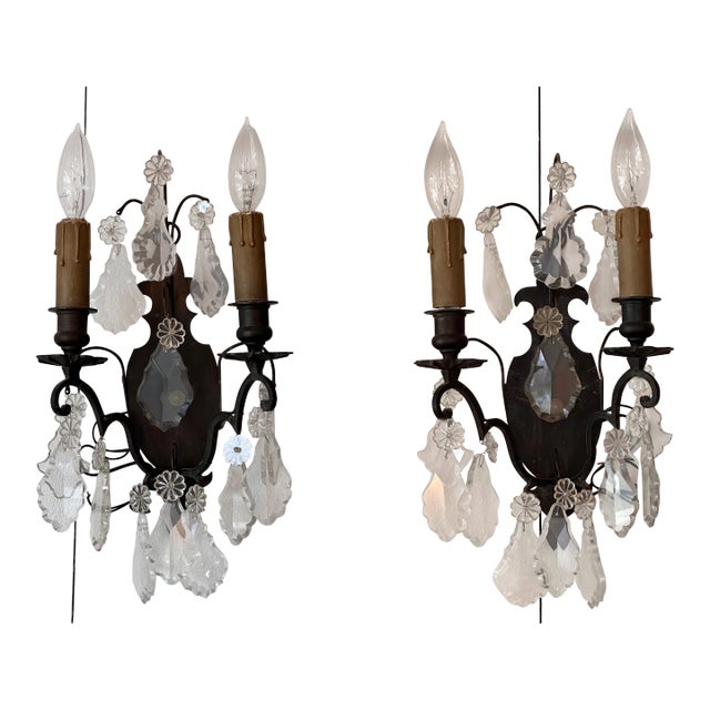 Pair of Late 19th Century Bronze and Crystal Sconces For Sale