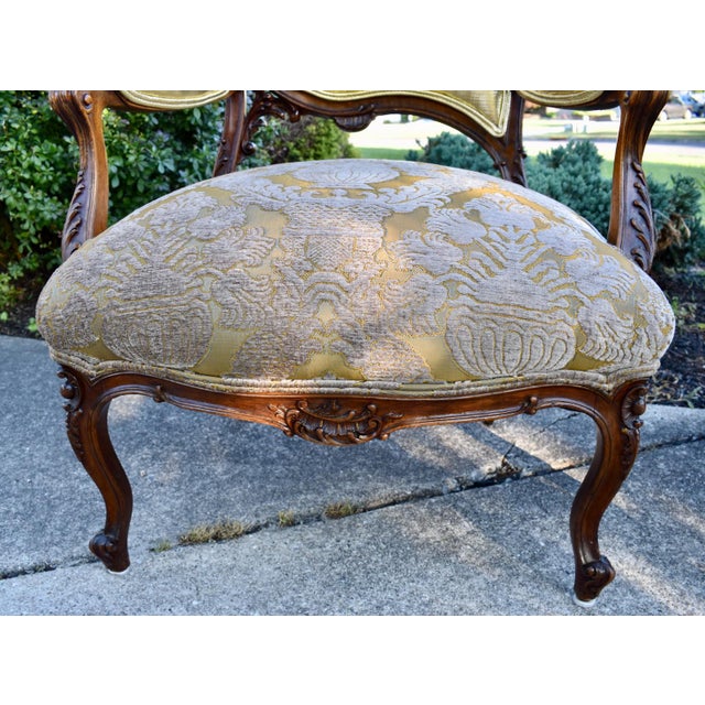 Wood Pair Vtg. French Louis XV Style Carved Walnut Armchairs Gold Damask Chairs For Sale - Image 7 of 18