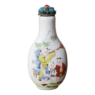 MId 20th Century Chinese Famille Rose Porcelain Many Sons Motif Snuff Bottle For Sale