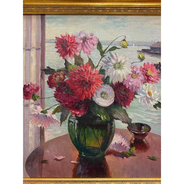Early 20th Century Vintage Irene Stry Still Life Painting With Harbor Scene Background For Sale - Image 5 of 8