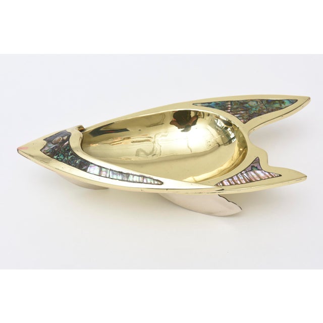 This mixed media hand wrought vintage Mid Century Modern fish bowl with abalone, brass, and silver-plate. Hallmarked on...
