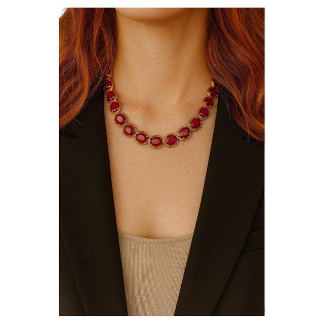 Bochic "Capri" Vintage Natural Ruby & Diamond Necklace & Earrings Set 18K Gold & Silver Elegant and Classic Italian style...