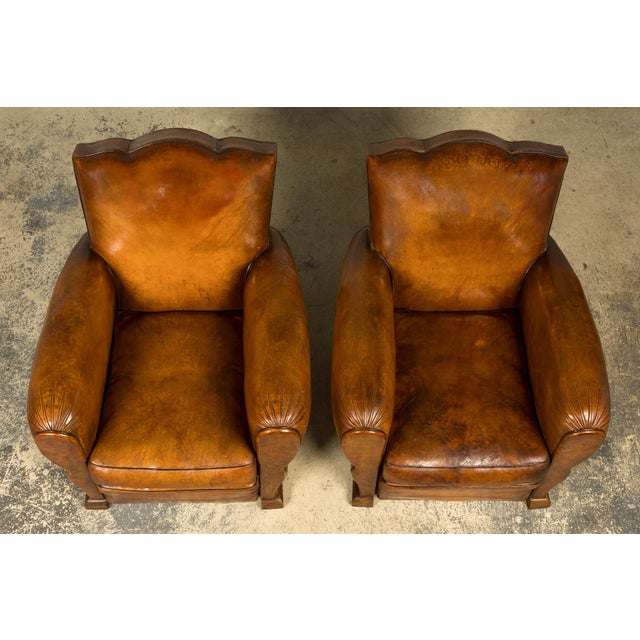 Art Deco 1920s French Art Deco Scalloped Back Cognac Leather Club Chairs – A Pair For Sale - Image 3 of 18