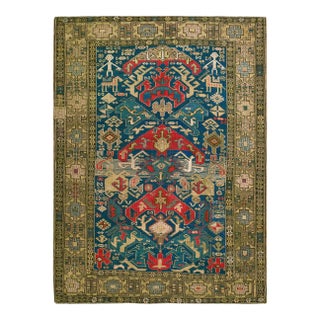 1930s Blue Rustic Geometric Antique Caucasian Rug 4' 2'' X 5' 9'' Knotted Wool Carpet For Sale