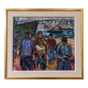 Mid-Century Modern Swedish "Coastal Dock" Vintage Figurative Oil Painting, Framed
