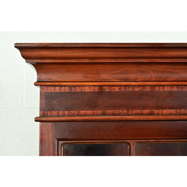 Baker Furniture Style Georgian Banded Mahogany Breakfront Bookcase Cabinet With Drop Front Secretary Desk For Sale - Image 9 of 15
