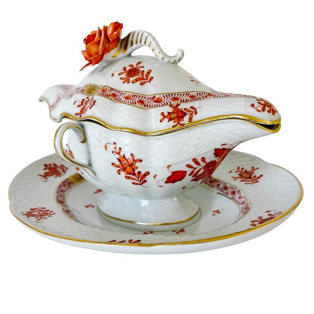 Chinese Herend Chinese Bouquet Rust Gravy Boat With Attached Plate & Lid and Rose Finial For Sale - Image 3 of 14
