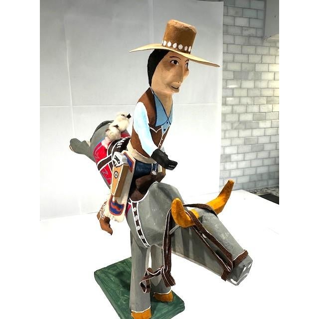 Delbert Buck Navajo Folk Art Wood Carving-Cowboy Bucking Bull Rider-Signed For Sale In Dallas - Image 6 of 7