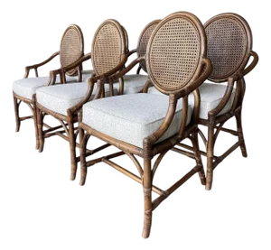 Newly Upholstered Vintage Rattan & Cane Oval-Back Dining Chairs | Set of 6
