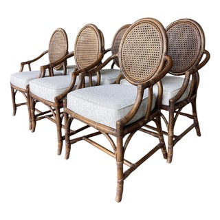 Vintage Rattan & Cane Oval-Back Dining Chairs, Newly Upholstered | Set of 6 For Sale
