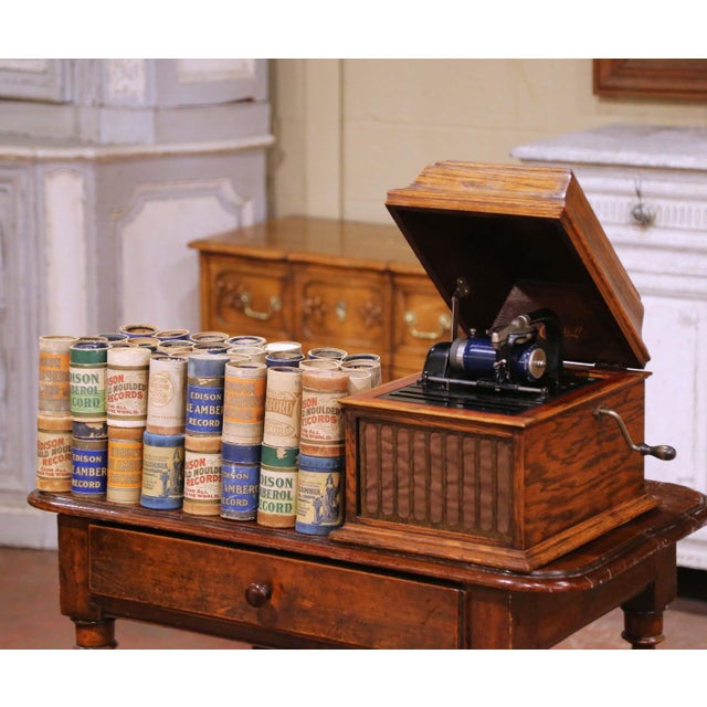 Brown Early 20th Century Edison Oak Cylinder Phonograph With Blue Amberol Records For Sale - Image 8 of 13