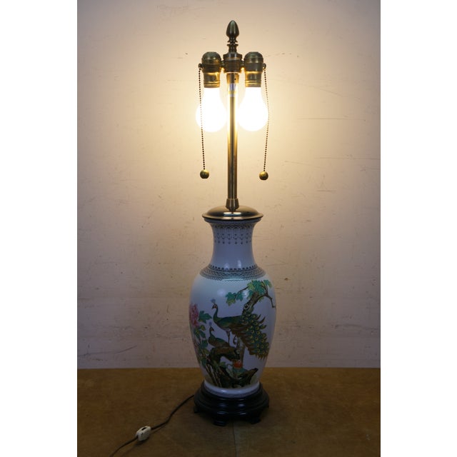 Mid 20th Century Marbro Chinese Famille Rose Porcelain Peacock Vase 2 Light Pull Chain Lamp 31" For Sale - Image 16 of 18