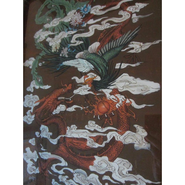1930s Chinese Dragon Painted Glass Colored Flowers White Clouds Brown Wood Frame Brass Hanging Hardware For Sale - Image 14 of 14