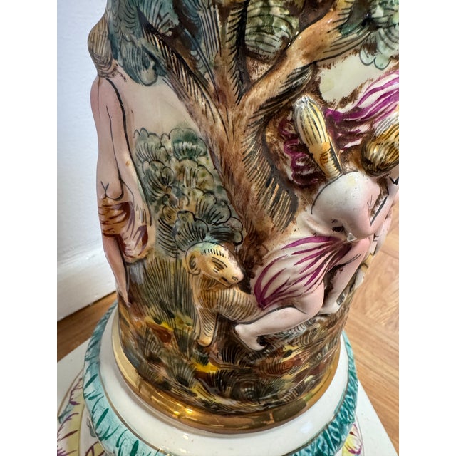 Emerald Italian Capodimonte Porcelain Pedestal With Figural Relief, 32.75” Tall For Sale - Image 8 of 12