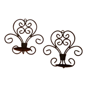 1980s Black Wrought Iron Candle Holder Sconces - a Pair