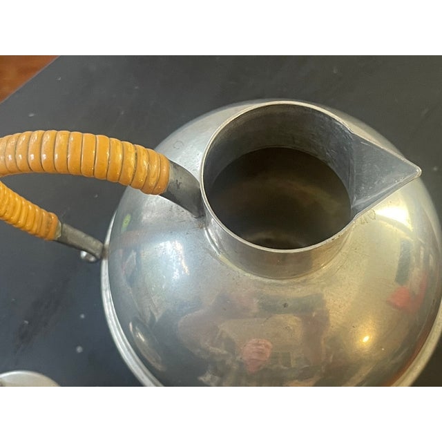 Wood 1950s Mid-Century Modern Hanle & Debler Pewter "Guernsey" Pitcher With Rattan/Wicker Handle For Sale - Image 7 of 8