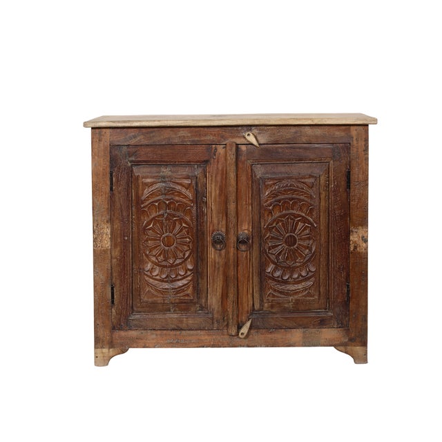 Two-Door Nightstand Made From Antique Indian Teakwood Architectural Elements For Sale In Santa Fe - Image 6 of 8