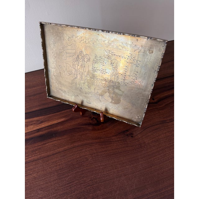 Early 20th Century Antique Early 20th Century Engraved Chinese Brass Opium Tray With Scalloped Rim For Sale - Image 5 of 17