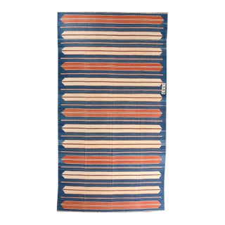 1950s Vintage Dhurrie Flat Weave in Blue and Orange Stripes Patterns by Rug & Kilim For Sale