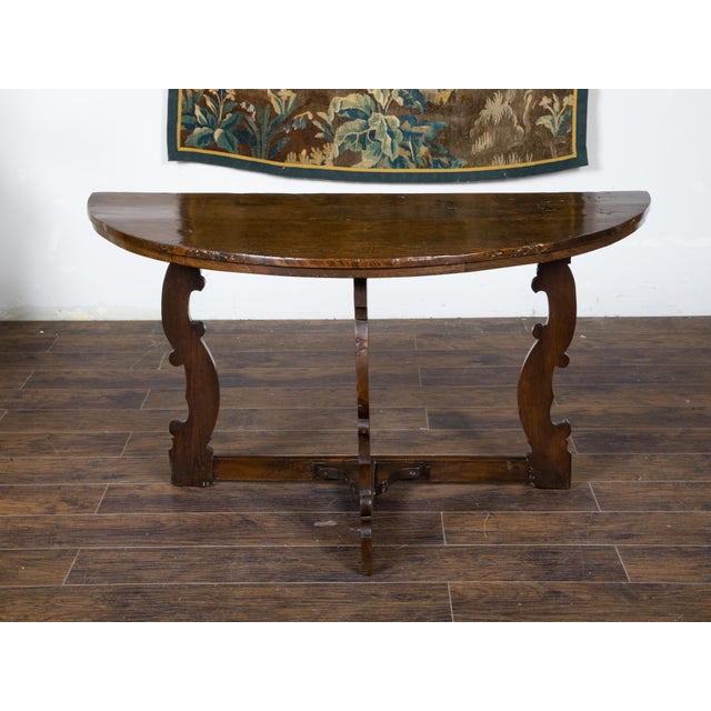 18th Century Large Italian Baroque Style 18th Century Walnut Demilune Table with Carved Legs For Sale - Image 5 of 12