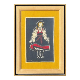 Mid-Century Scandinavian Hand-Printed Textile by Liv Hassel – Folk Figure, Original Frame For Sale