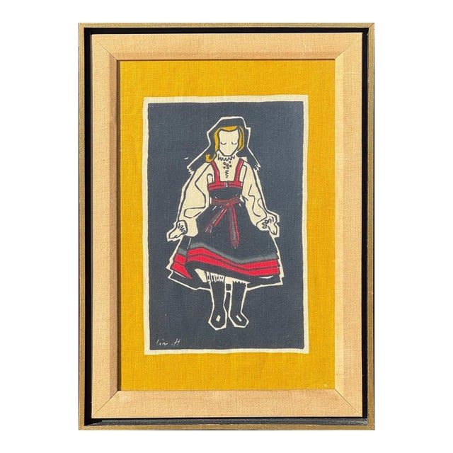 Mid-Century Scandinavian Hand-Printed Textile by Liv Hassel – Folk Figure, Original Frame For Sale
