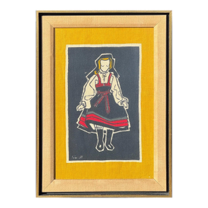 Mid-Century Scandinavian Hand-Printed Textile by Liv Hassel – Folk Figure, Original Frame