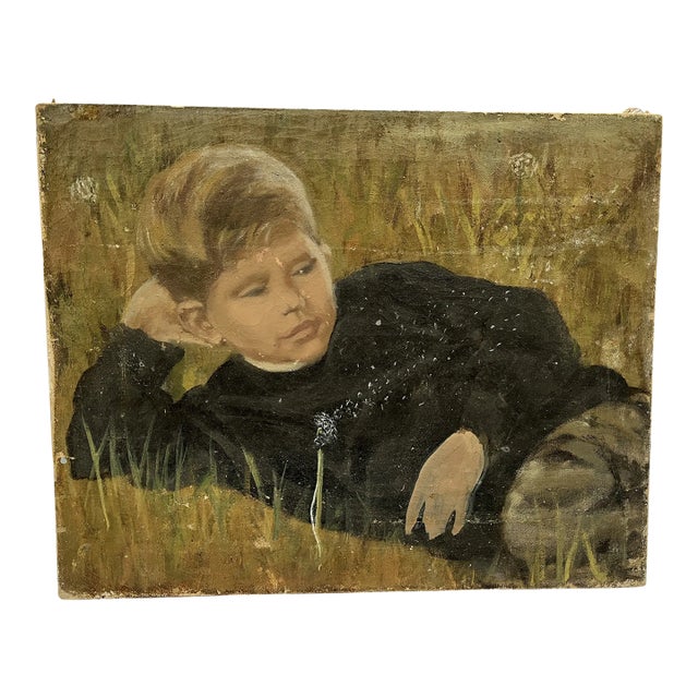 Vintage Realist Portrait Oil Painting of a Young Boy With Dandelions For Sale