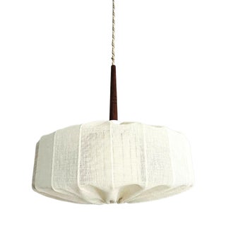 Japandi Style Hanging Lamp in Wrapped Fabric and Teak, 1960s For Sale