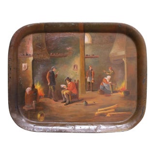 19th Century French Hand-Painted Tole Tray With Interior Tavern Scene For Sale