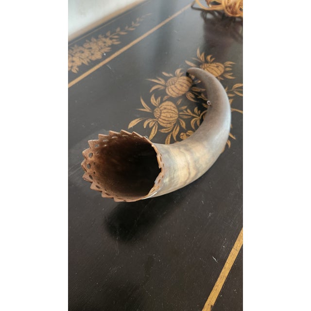 Vintage Natural Cow Horn Wall Pocket / Flower Holder With Pierced Crown Rim, Western Ranch Decor For Sale - Image 11 of 12