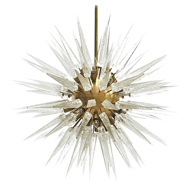 Mid Century Sputnik Murano Glass and Brass Italian Chandelier For Sale