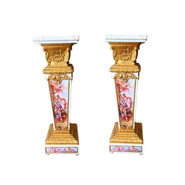 Sevres-Style Porcelain and Gilt Bronze Pedestals, Set of 2 For Sale - Image 5 of 5