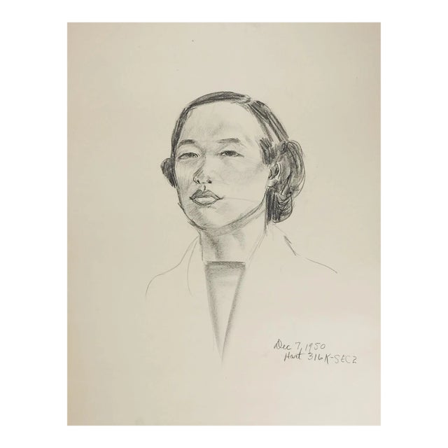 Vintage Mid 20th Century Portrait Charcoal Drawing of Woman For Sale