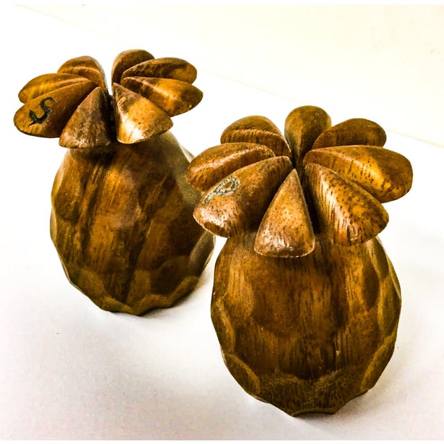 1990s Vintage Wood Carved Pineapple Shaped Shakers - A Pair For Sale - Image 5 of 9