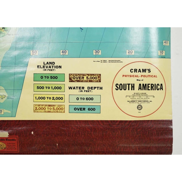 Blue Vintage Cram's Physical Political South America Roll Up School Map For Sale - Image 8 of 11
