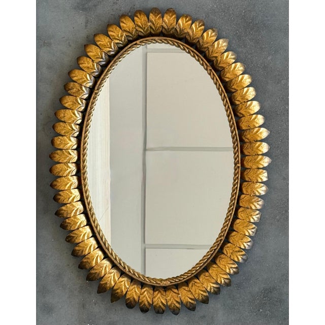 Mid-Century Modern Mid 20th Century Pair of Spanish Gilt Metal Oval Sunburst Mirror For Sale - Image 3 of 6