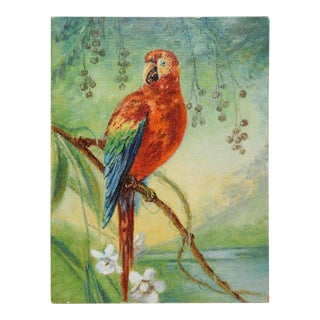 Small Vintage Brighlty Colored Parrot Painting For Sale