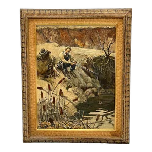 Mid 20th Century American School Oil Painting Fishing Landscape Signed Baldwin