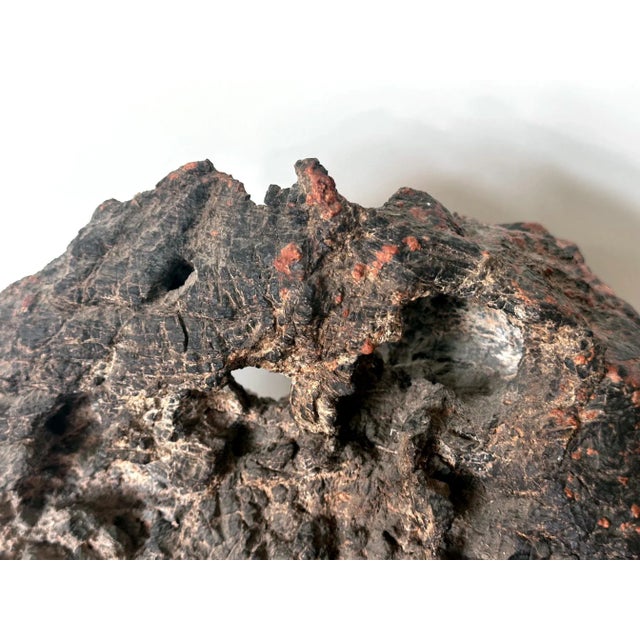 A Chinese scholar stone of Lingbi type in horizontal form presented on a carved conforming wood base. Impressive in size...